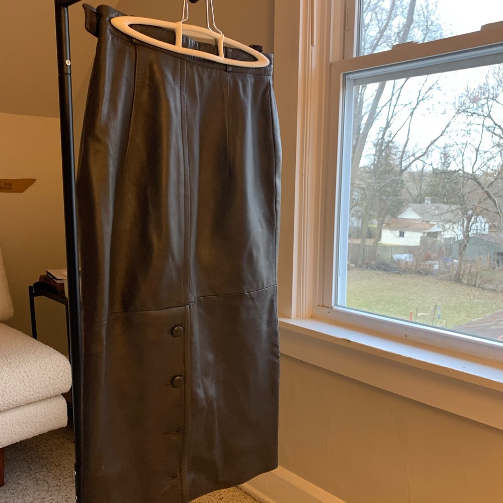 Vintage Chocolate Brown Leather Midi Skirt